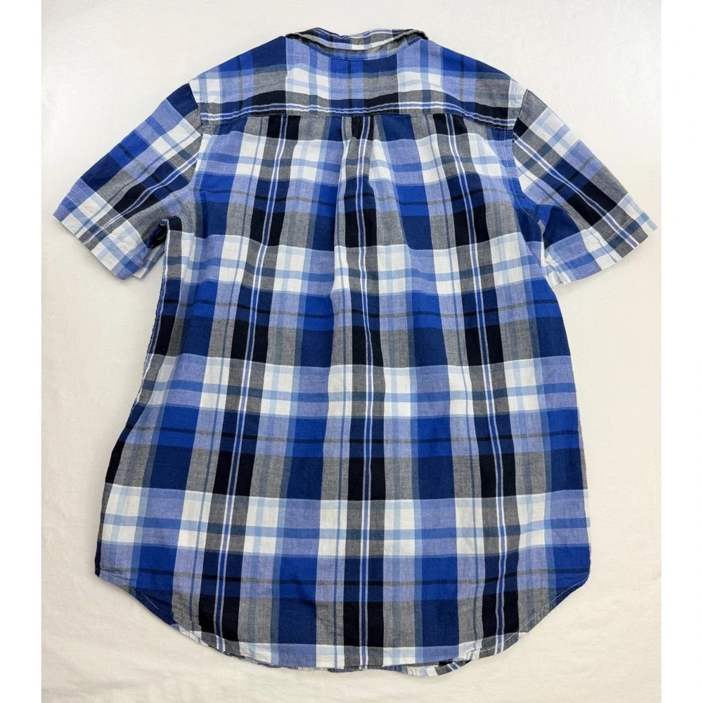 Ralph Lauren Boys Blue White Plaid Short Sleeve Button Down Shirt Size L 14-16